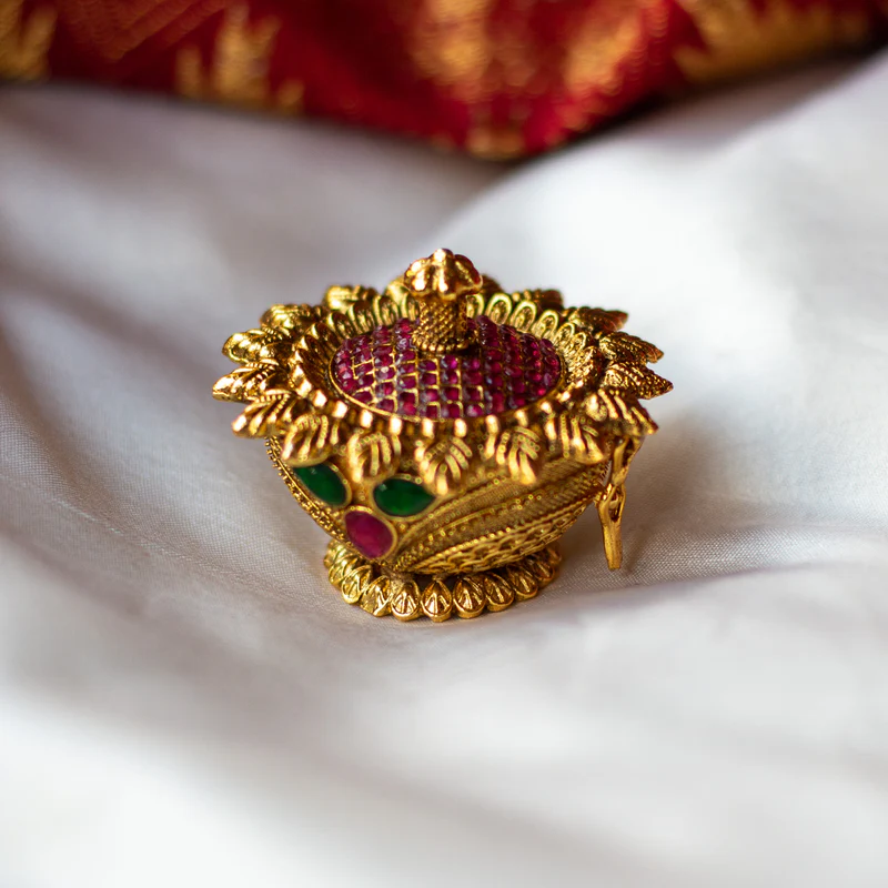 Antique Gold Nakshi Design Sunflower Kumkum Box